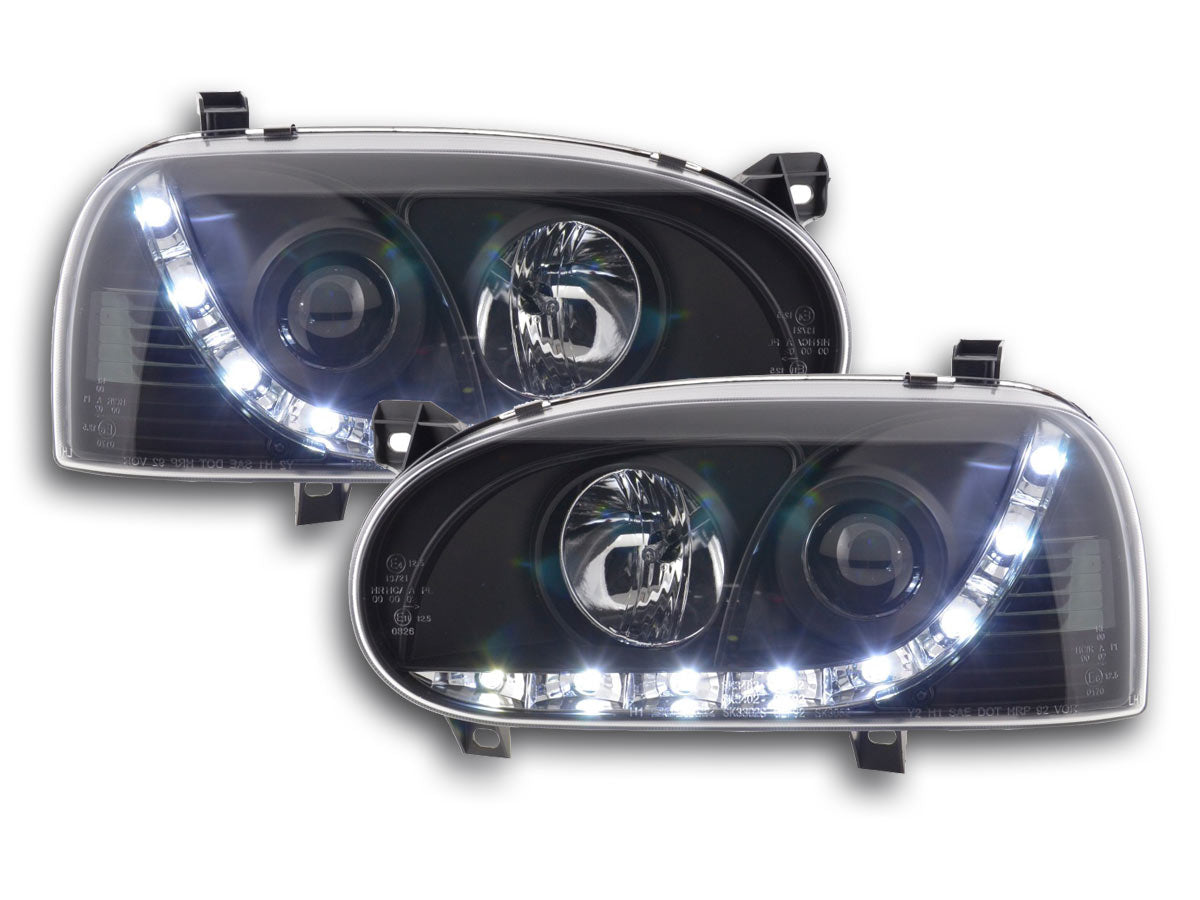 Scheinwerfer Set Daylight LED TFL-Optik VW Golf 3 Typ 1HXO 1EXO 91-97 schwarz Scheinwerfer Set Daylight LED TFL-Optik VW Golf 3 Typ 1HXO 1EXO 91-97 schwarz